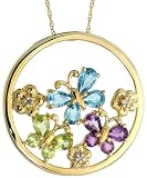 10k Gold 18 in. Chain & 1 in. (26mm) tall Butterflies Pendant, w/ Diamonds, Amethyst, Peridot & Blue Topaz Stones