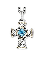 SS 14K Gold 5.45BT Swiss Blue Topaz Cross Vintage Style Necklace 5.45ct