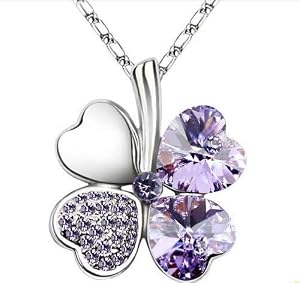 Femme Cristal Collier Trèfle à Quatre Feuilles Porte-bonheur Cristal et Chaîne chaine 18 inches en Plaqué Or Blanc 18 Carats- Amethystine Purple
