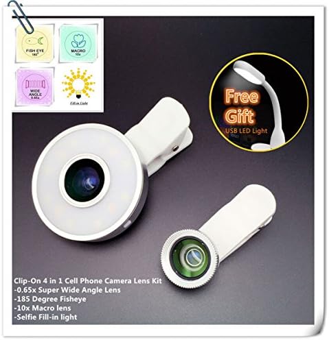 Lovkit™ Universal Clip-On 4 in 1 Cell Phone Camera Lens Kit 12 LED Selfie Fill-in light+ 185 Degree Fisheye+ 10x Macro+ 0.65x Super Wide Angle Lens for iPhone 6/6 Plus/5/5S, Galaxy S6/S5, Silver