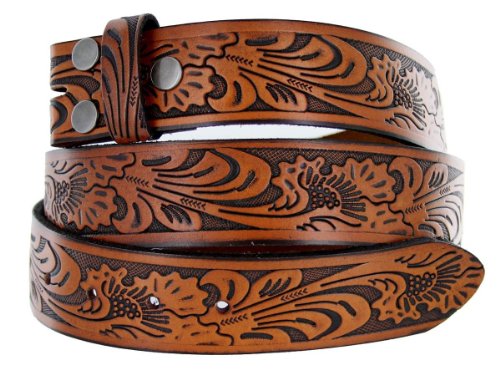 Western Embossed Tooled Brown Leather Belt Strap w/ Snaps for Interchangeable Buckles