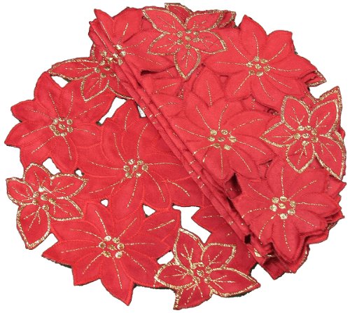 Xia Home Fashions 4-Pack Festive Poinsettia Embroidered Cutwork Round Christmas Doilies, 12-Inch