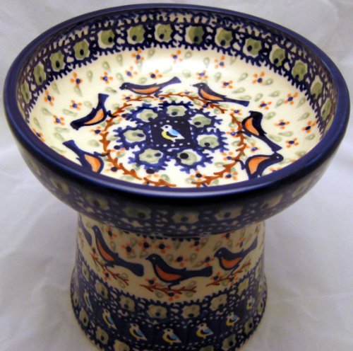 Polish Pottery Raised Cat Small Dog Dry Food Dish or Water Bowl - Signature Limited Edition BB Robin