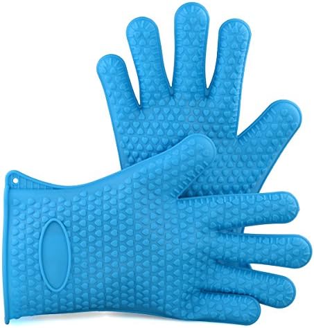 BBQ Gloves, Thick Heat Silicone BBQ Grill Oven Gloves For Barbeque, Potholder, Cooking, Oven, Baking, Frying, Smoking FDA Approved/BPA Free/Food Grade Silicone, One Pair (Blue)