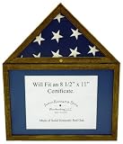 Solid Oak, Flag Display Case w/ Certifiate Holder, 3X5 Flag, Dark Stain, Navy Blue Mat