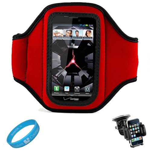 Red SumacLife Ultimate Moisture Resistant Neoprene Workout Armband for Verizon Wireless Motorola Droid RAZR Android Smartphone + Motorola Droid RAZR Windshield Mount Holder + SumacLife TM Wisdom*Courage Wristband