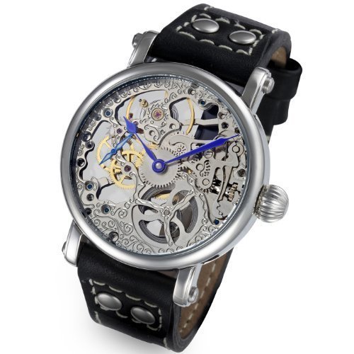 Rougois Mechanique Silver Skeleton Watch Leather Black Rivet Band