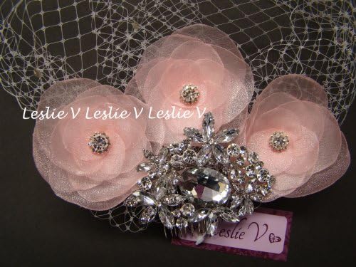 Fiona Blush Pink: Large Crystal Brooch, Sheer Flowers & IVORY Crystal Bridal Birdcage Veil 27-19(3)pk-fiona