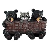 Rustic Bears and Raccoon Statue Holding an Outdoor Faux Wood Welcome Sign in Garden, Lodge and Cabin Decor Sculptures and Housewarming Gifts