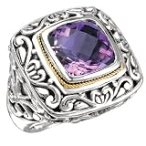 925 Silver & Amethyst Square Scroll Ring with 18k Gold Accents- Sizes 6-8