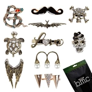 BMC 10pc Vintage Punky Metal Colored Stylish Rhinestone Womens Gothic Rings Popular Unique Adjustable Retro Accessories