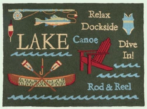 Cabin / Lake Area Floor Hook Rug Green with Canoe / Fishing Designs 34 Inch X 47 Inch