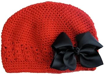 Red Crochet Beanie Hat with Black Hair Bow for Baby Girls
