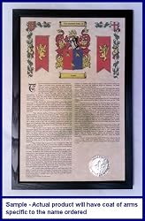 Pillow Armorial History with Coat of Arms on 11 x 17 Parchment Paper in Solid Black Frame