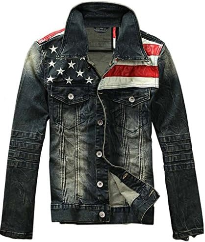 Buygold Men's Rugged Wear Fitted Denim Jacket USA American Flag Jean Jacket