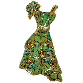 Gold Plated And Green Dress Pin Brooch by Pugster