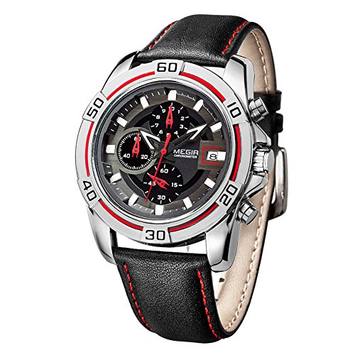 MEGIR Men's New Luxury Date Sports Steel Case Quartz Clock Hours Leather Strap Wrist Watch (Black Silver)