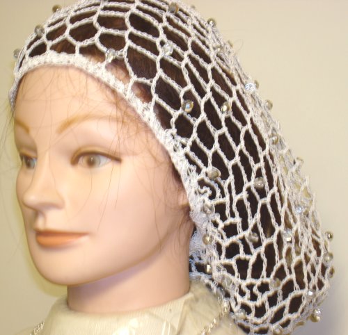Click here to buy Hand Crocheted White Rayon Cotton Gimp Large Snood Trimmed with Ivory Pearls for Women Offered in....