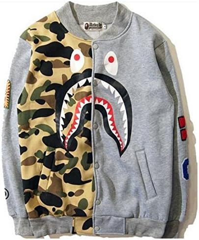 shark camouflage tactical bomber jacket letterman jacket Jaqueta Harajuku Veste Homme multi-brand Bape Shark Camo Jacket (Gray, XL)