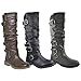 Generation Y Women's Knee High Boots Strappy Ruched Faux Leather Adjustable Buckles Knitted Calf