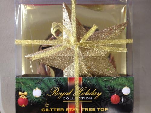 (1 Piece) Glitter Star Christmas Tree Topper 7.5" in Acetate Box with Ribbon - Gold