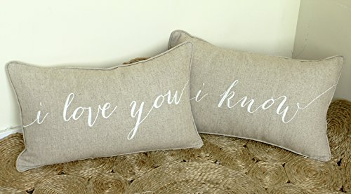 EURASIA DECOR I Love You I Know Set of 2 pcs Embroidered Decorative Lumbar Accent Throw Pillow Cover - for Couple, Bedroom, Wedding Gift - 12x20 Inches, Linen