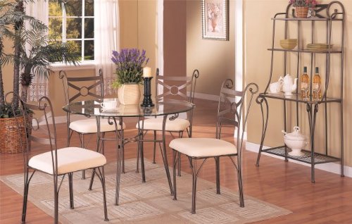 5 PC. Set Round Dining Table with 8mm Beveled Glass Top and 4 High Back Fabric Seat Chairs 5 PC. Set Round Dining Table with 8mm Beveled Glass Top and 4 High Back Fabric Seat Chairs