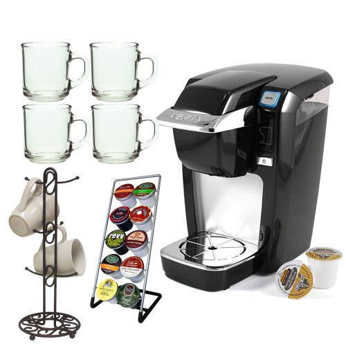 Keurig B31 MINI Plus Brewing System Coffee Maker in Black + 4 Piece 10 oz. ARC Handy Glass Coffe Mug + Vertical 10 K-Cup Holder + Bronze Mug Tree Bronze Finish