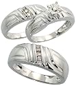 14k White Gold Trio 3-Piece His (8mm) & Hers (6mm; 6mm) Wedding Band Set, w/ 0.25 Carat Brilliant Cut Diamonds; (Men's Size 9 to 12; Ladies' Size 6 to 8)