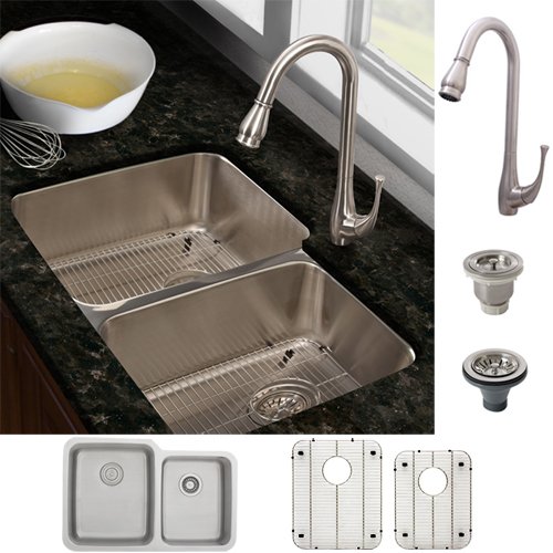 Ticor Stainless Steel Double-Bowl Kitchen Sink and Brushed Nickel Faucet Combo