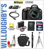Nikon D5100 16.2MP CMOS Digital SLR Camera with 18-55mm f/3.5-5.6 AF-S DX VR Nikkor Zoom Lens + Nikon ENEL14 Spare Battery + Transcend 32GB SDHC Class 10 Memory Card + 3pc Essential Filter Kit + Sunpak Heavy Duty Digital Mon-Tripod + LowePro Deluxe Toploader Camera Bag and Much More! Willoughby's Est. 1898 Starter Bundle