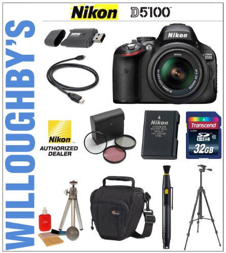 Nikon D5100 16.2MP CMOS Digital SLR Camera with 18-55mm f/3.5-5.6 AF-S DX VR Nikkor Zoom Lens + Nikon ENEL14 Spare Battery + Transcend 32GB SDHC Class 10 Memory Card + 3pc Essential Filter Kit + Sunpak Heavy Duty Digital Mon-Tripod + LowePro Deluxe Toploader Camera Bag and Much More! Willoughby's Est. 1898 Starter Bundle