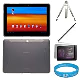 Grey Flexi TPU Silicone Skin Cover with Side Grip for Samsung Galaxy Tab 10.1-inch Tablet fits all Model (16GB, 32GB) + Scratch Guard Clear Screen Protector + Dual Sided Soft Touch Stylus Pen + Silver Metal Stand for Galaxy Tab + SumacLife TM Wisdom Courage Wristband