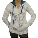 Womens Hurley white zip up hoodie jacket. Very high quality skate surf brand name sweater with a full front zip, side entry pockets and logo embroidered on top of artistic cartoon design. Great authentic sweatshirt top to match with various casual styles.