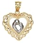 14k Yellow Gold and Rhodium Diamond-cut Heart Charm w/ Mother/Child Design