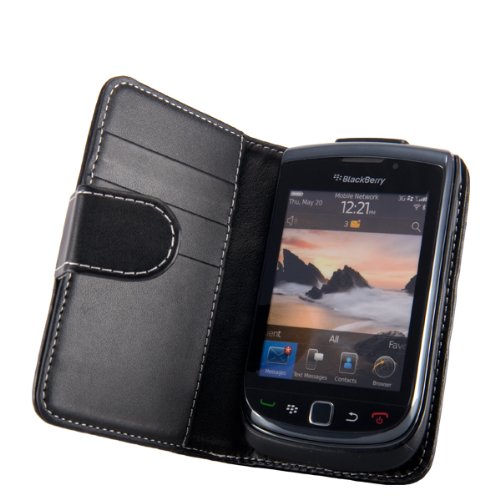 WalkNTalkOnline - Blackberry 9800 Torch & 9810 Torch 2, Black Executive Specially Designed Leather Book Wallet Case With Credit Card/Business Card Holder