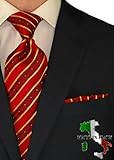 Berioni Hand Made in Italy 100% Woven Silk Mens Neck Tie + Pocket Square Jacquard Woven Tie and Hanky Set Red Gold W3 (Red Gold W3)