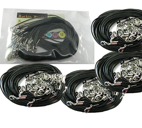 Rockin Beads Brand, 100 Imitation Leather Cord Necklaces Black 18 Inch with Extension Chain and Lobster Claw Clasp
