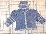 Ck27, Knitted on Hand Knitting Machine Finished By Hand Crochet Denim Chenille with Blue Stripe Infant Boys Cardigan Sweater Hat Set Trimmed with Light Blue Football Buttons