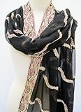 IMAGE OF Vintage Hand Embroidered Paisley Border Sheer Silk Chiffon Bridal Shawl Scarf Wrap Stole Black White Gold Red