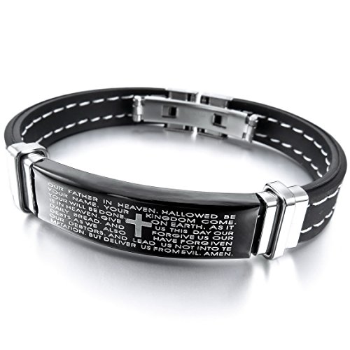 INBLUE Men,Women's Stainless Steel Rubber Bracelet Bangle Cuff Black Cross Bible Lords Prayer