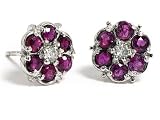 14K White Gold Flower Stud Earrings 9MM, Enhanced with Pink Sapphire and Prong Set Diamonds