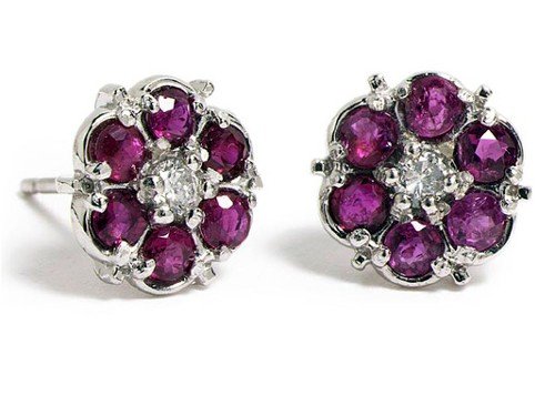 14K White Gold Flower Stud Earrings 9MM, Enhanced with Pink Sapphire and Prong Set Diamonds