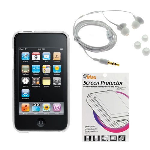 GTMax Durable Hard Transparent Crystal Clear Slim Fit Back Cover + White Soft Gel 3.5mm Stereo Headset + LCD Screen Protector for Apple iPod Touch 8GB 32GB 64GB 3rd 3G Generation