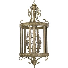 Progress Lighting P3674-62 Twelve-Light Three-Tier Foyer Fixture with Decorative Acorn Ornaments and Carved Acanthus Leaf Detail, Creme Brulee