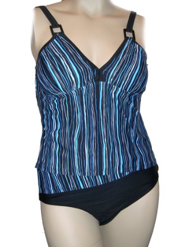 Womens Swim-sets Swimwear By Chuck Handy - 3pc Plus Size Tankini Bikini and Sarong Wrap Swimsuit - Navy Stripe - 18-24 product image