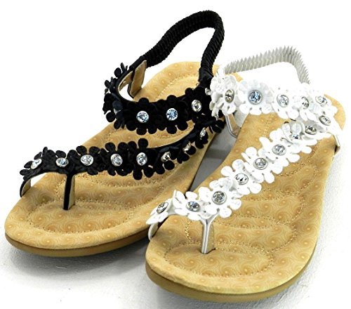 Women's New Gladiator Rhinestone Flower T-Strap Flat Sandal Thong Shoes