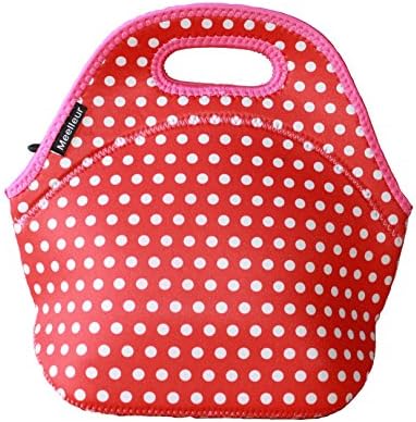 Lunch Transporter Neoprene Tote, Snack Bag, Insulated Cooler Bag, Stretches To Fit And Eco-Friendly. (app.11"x11"x 5.5") White Polka Dot
