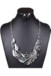 Elegant Women's Purple Peacock Enamel Festoon Bib Necklace Stud Earrings Set