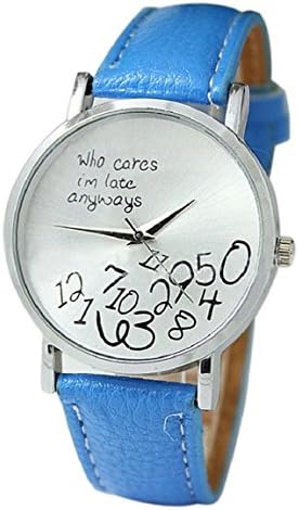 Meily Fashion Women's Who Cares I am Late Anyway Letter PU Leather Wrist Wathces(Light Blue)